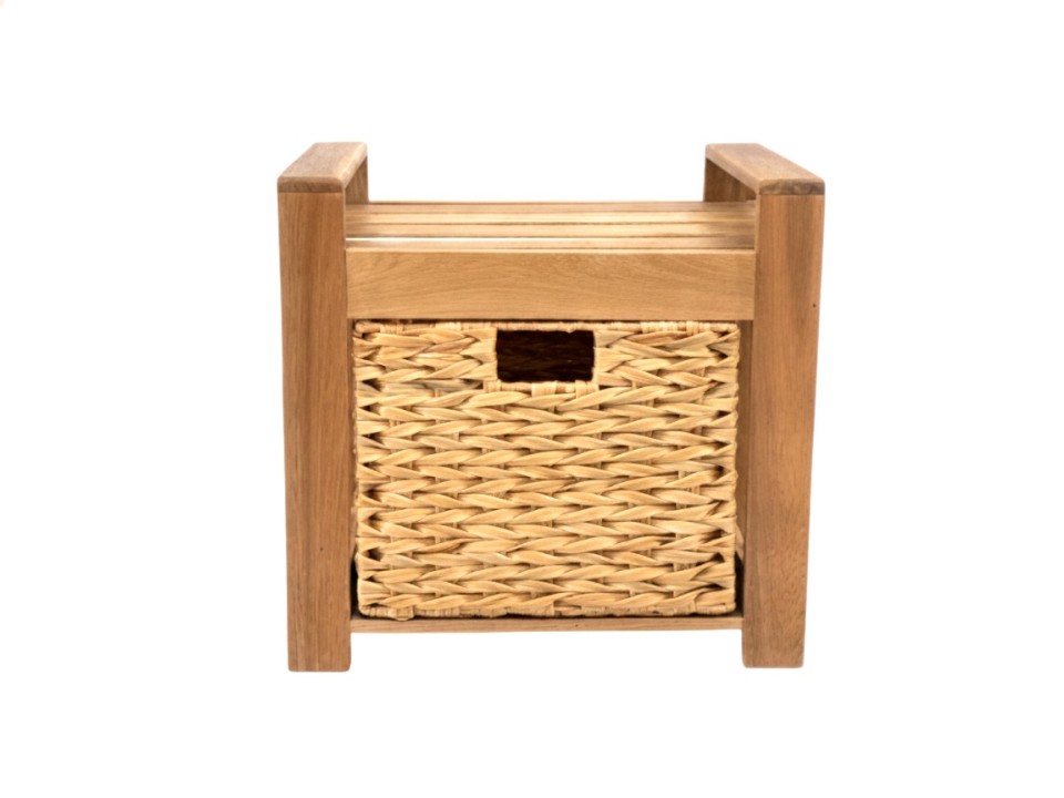 Artisanal Wood Bathroom Stool with Herringbone Woven Resin Drawer